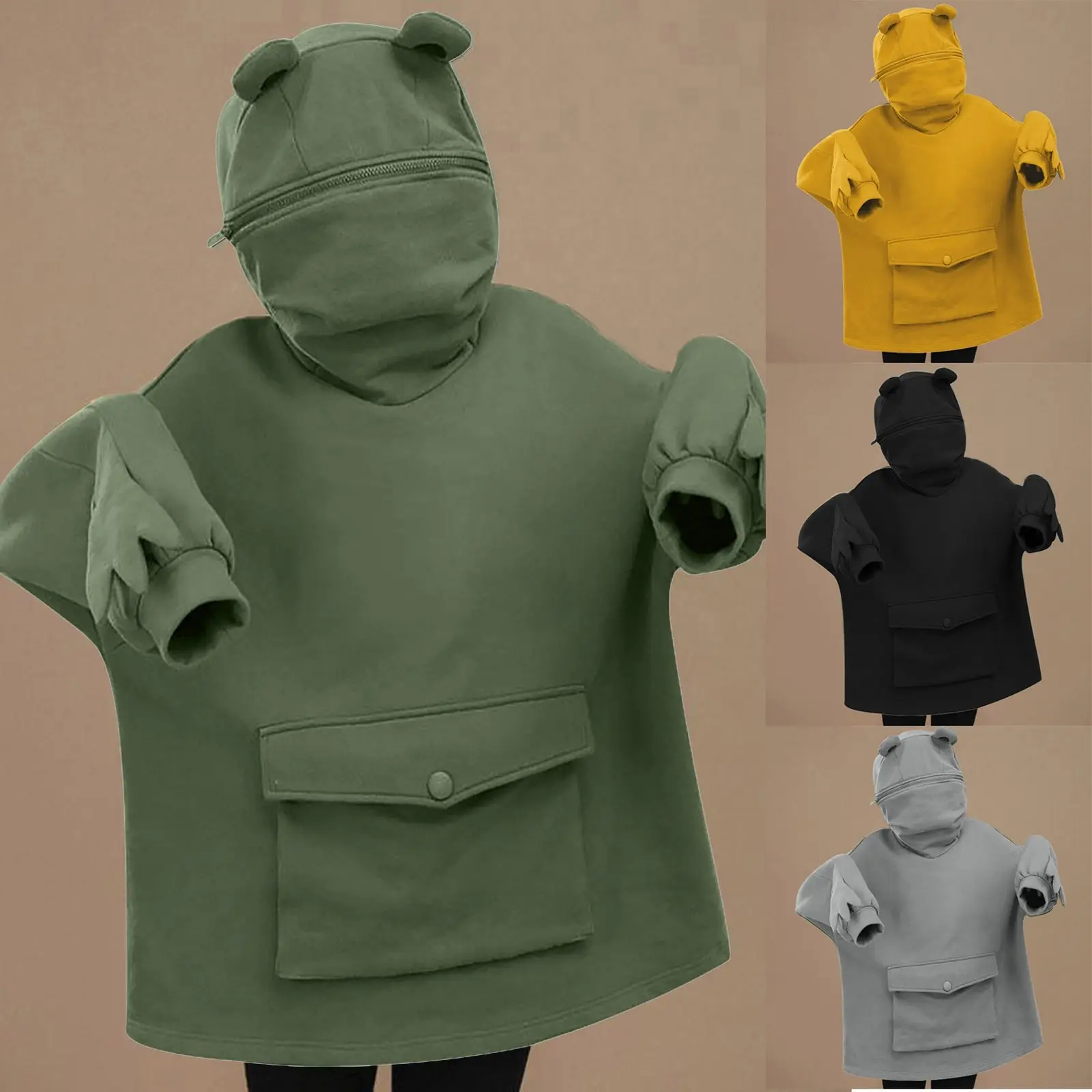 

Women Autumn Thick Loose Oversize Sweatshirt Harajuku Letters Printed Frog Casual Hooded Hoodies Thicken Pullover Female