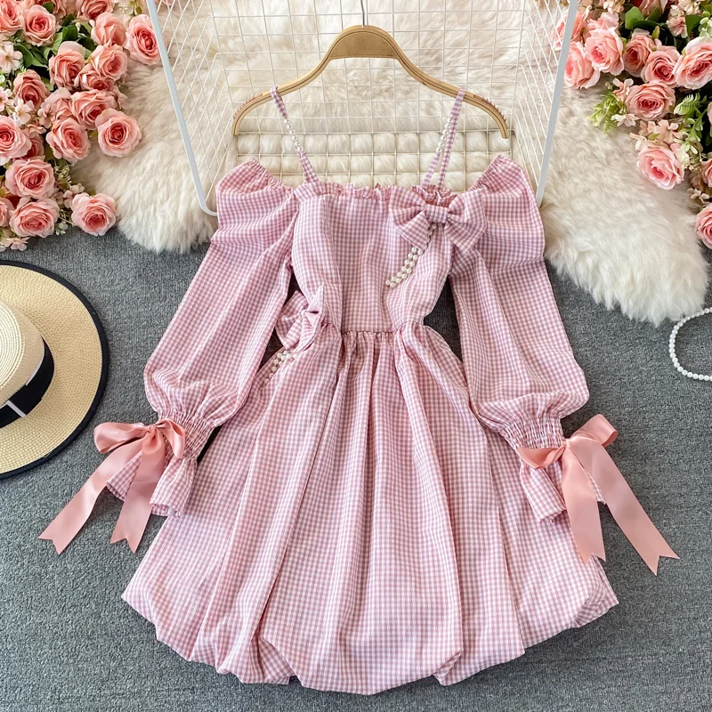 

Autumn Girl Pink Grey Cut Sweet Bow Lattice Spaghetti Strap Dress Women Age Reduce Square Neck Dress Backless Puffy Short Dress