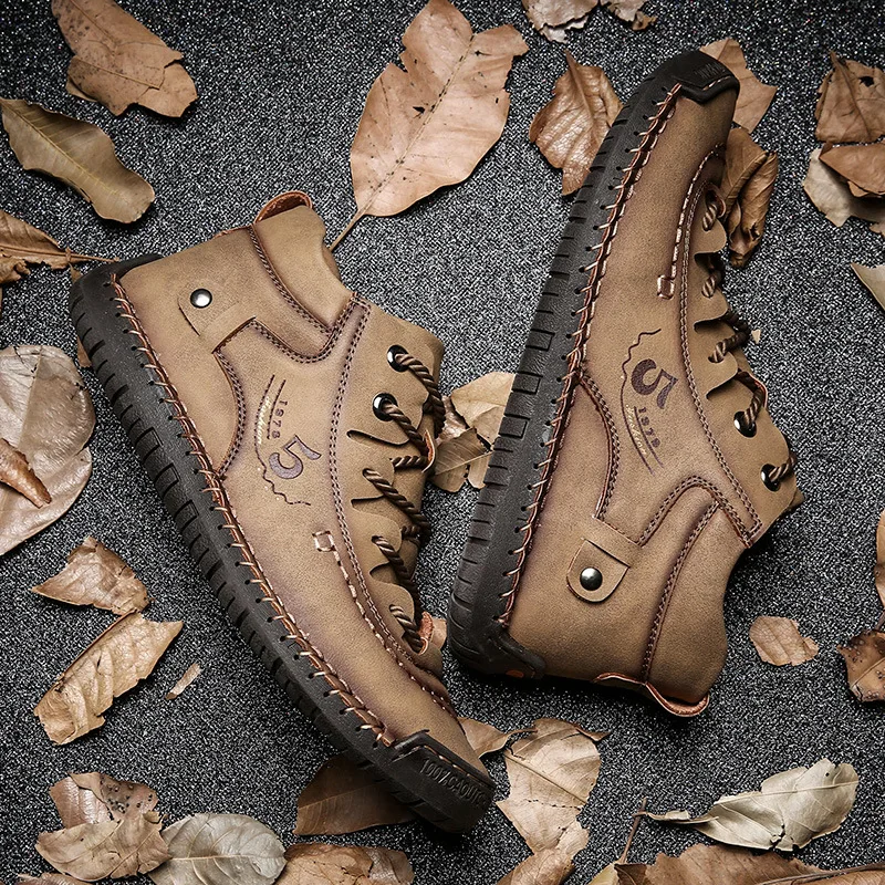 Мужские походные ботинки из микрофибры черные кожаные на плоской подошве