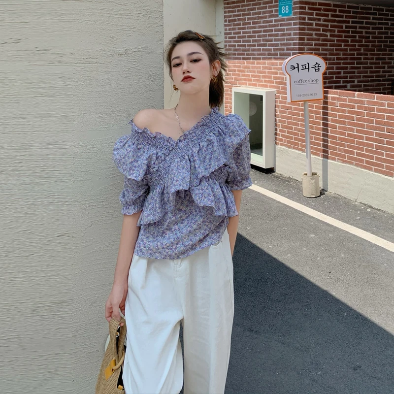 Sweet Ruffle Short Sleeve White T-shirt Blouse Women Elegant Off Shoulder Floral Printed Chiffon Cropped Top Feamle Sexy Tees