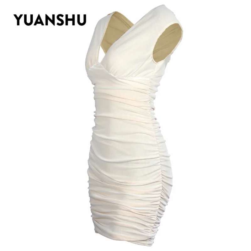 YUANSHU Sexy Mesh Party Dress Women Stretchy V Neck Off Shoulder Mini Ladies Elegant Bodycon Pleated Summer | Женская одежда
