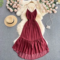 high quality holiday dress women summer 2021 backless lace up slim medium long ruffle lace up beach plus size casual sleeveless