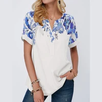 2021 summer new style plus size loose ladies casual short sleeved v neck top and shirt floral printing t shirt tops wholesale