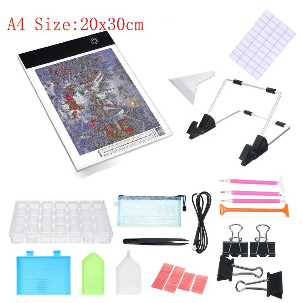 A4 LED Light Pad for Diamond Painting, USB Powered Light Board Kit, Adjustable Brightness with Detachable Stand Clips Tray glue