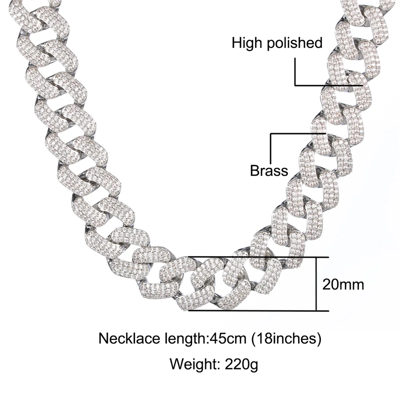 

Hip Hop 20MM CZ 3 Row Heavy Shine Cuban Prong Chain Bracelet Necklaces Iced Out Zirconia Choker Chains For Men Women Jewelry