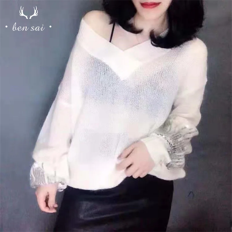 Женский тонкий трикотажный свитер с V-образным вырезом и рукавами-фонариками |