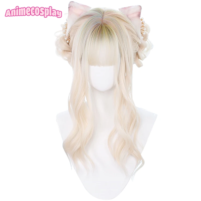 

Animecosplay 60cm Mixed Cream Lolita Wigs Women Halloween Long Curly Mix Color Synthetic Cosplay Wave Hair With Flat Bangs