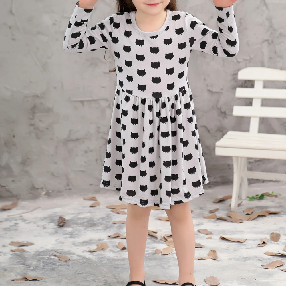 

Весеннее повседневное детское платье с мультяшным принтом, милое хлопковое Плиссированное серое платье принцессы с круглым вырезом и длин...