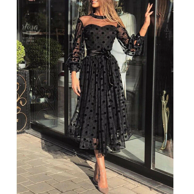 Женское платье макси в горошек с длинным рукавом|Женские платья| |