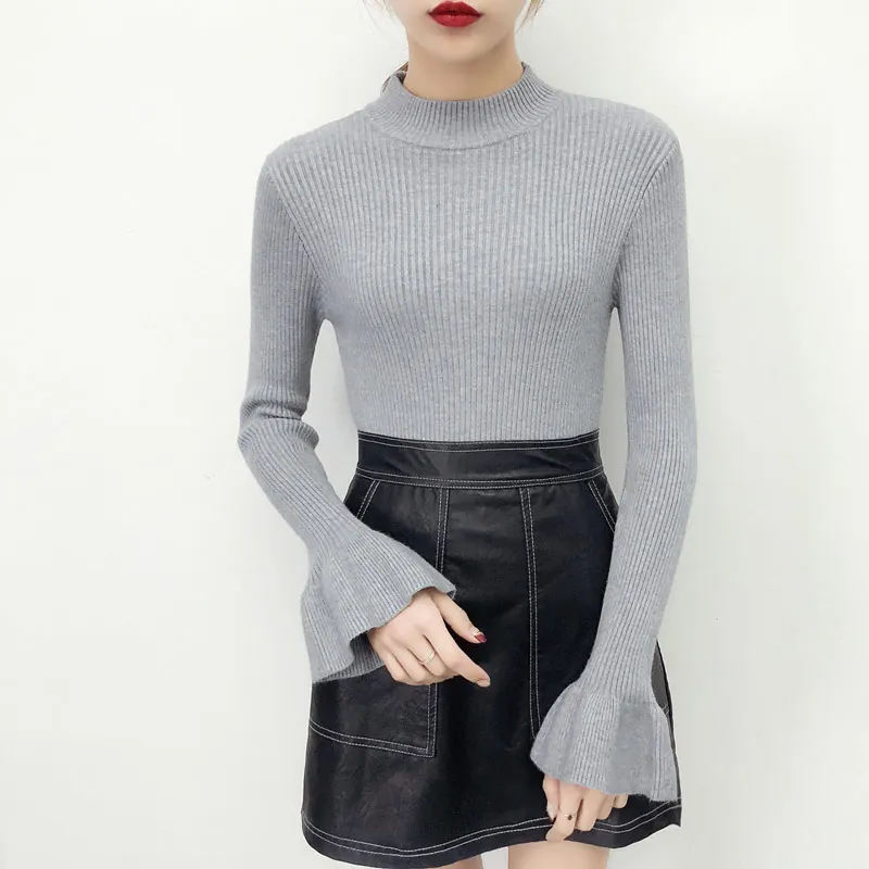 Half Turtleneck Women Sweater Korean Basic Pullover Autumn Winter New Thick Flare Sleeve Slim All Match Knitted Tops Pull Femme | Женская