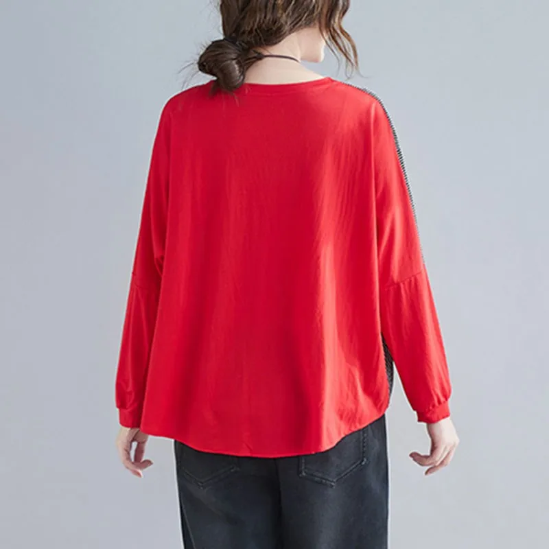 

Women Loose Casual Cotton T-shirts New 2021 Spring Korean Simple Style Patchwork Color Female Batwing Sleeve Tops Tees S3283