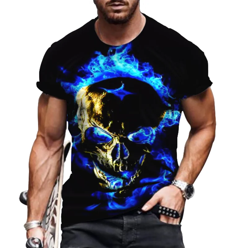 

Fashion Blue Flame Skull T-Shirt Men 3d Printing Street Personality Short-Sleeved Horror Skeleton Wild Loose Top Tees Plus Size