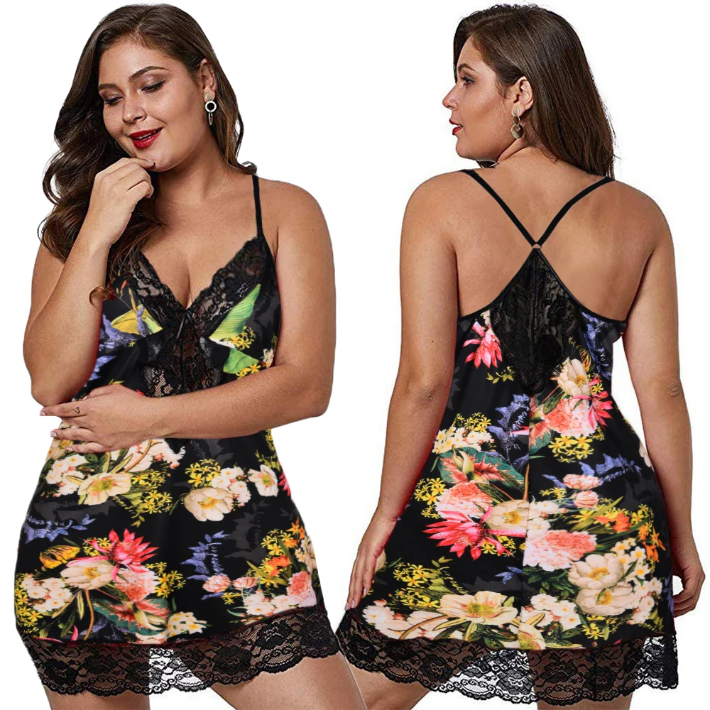 

Leopard V-neck Sleeveless Lace Nightdress Large Size Womens Sexy Lingerie Nightgown Floral Print Nightwear Plus Size Sleepwear