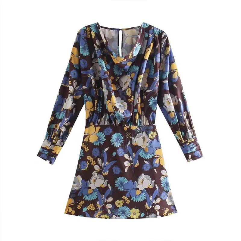 

Women Summer Vintage Mini Dress 2021 Fashion V-Neck Floral Print Long Sleeve Female Elegant A-Line Dresses Vestidos