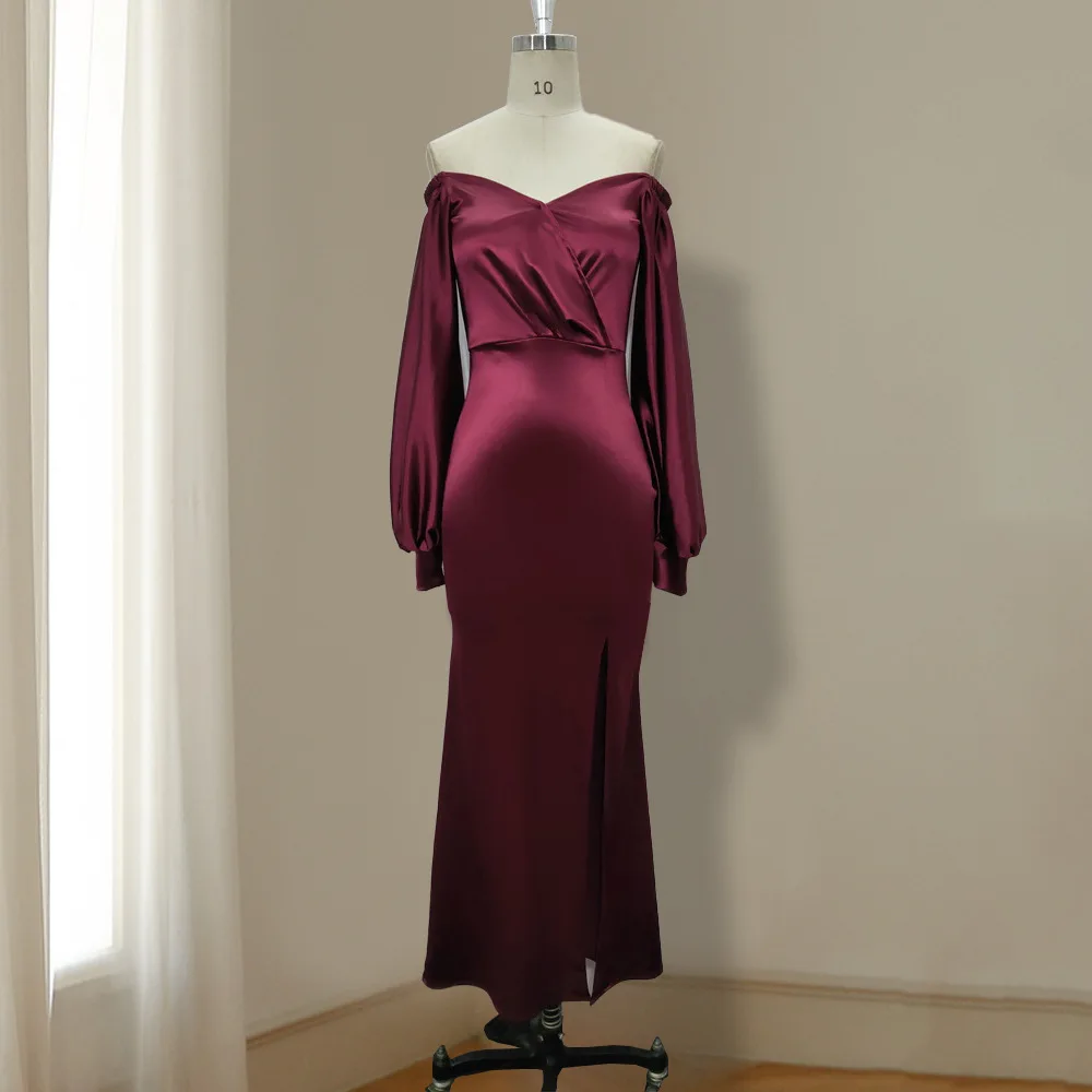

Long Dresses Plus Size Elegant Puff Sleeve Burgundy Dress For Women Party Prom Fashion Cocktail Silk Satin High Quality Vestidos