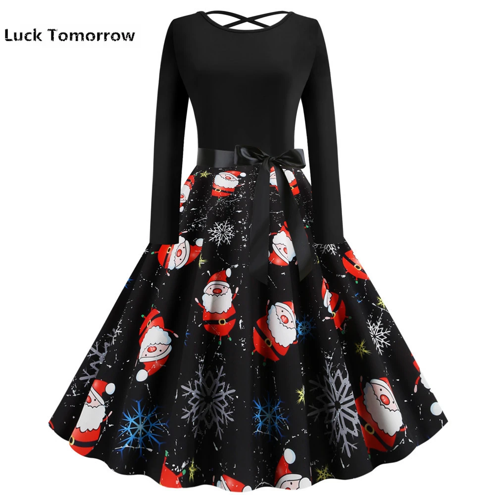 Ретро принт высокая талия винтажное рождественское платье для женщин 2019 Осень