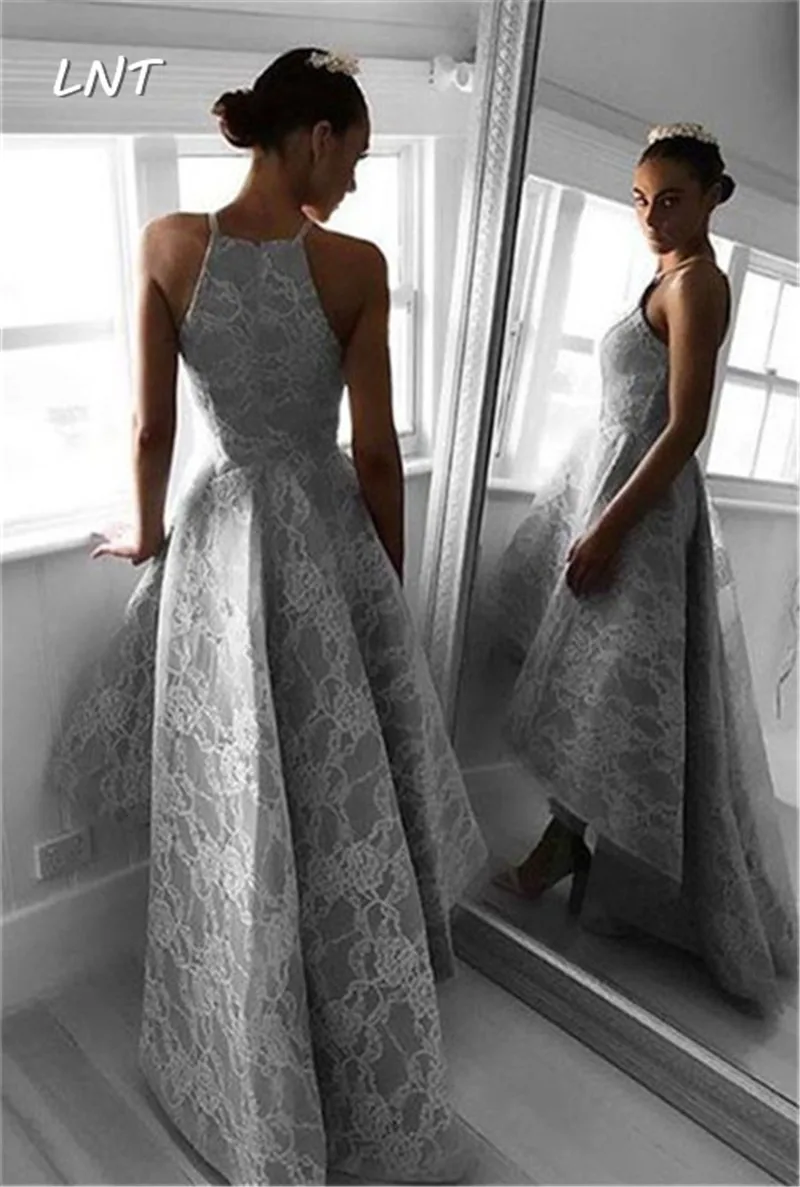 Серебристые платья с высоким и низким вырезом кружевные вечерние для выпускного