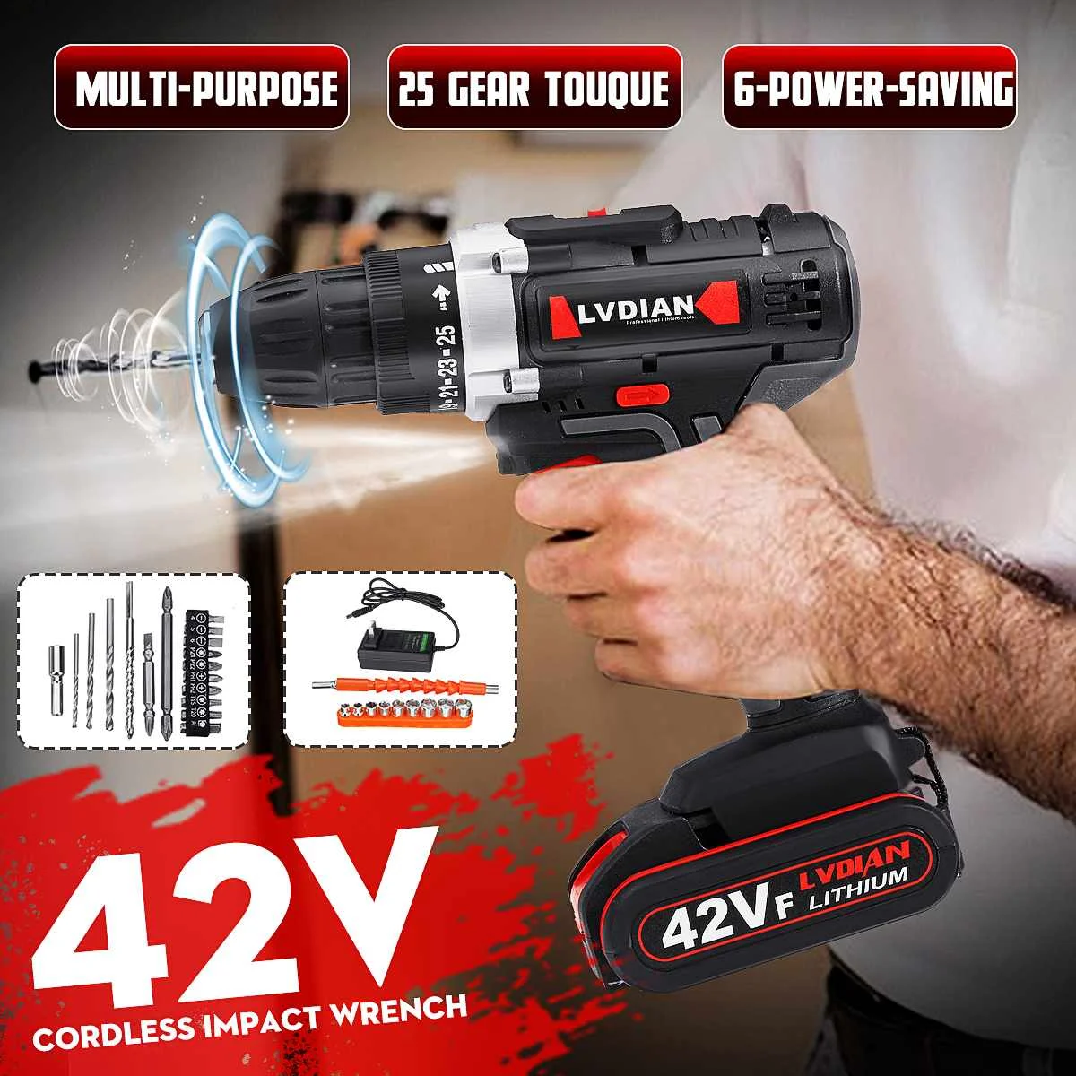 

42V Cordless Drill Electric Drill Wireless Power Driver Lithium-Ion Battery Screwdriver Drilling Machine 25 Stage W/ LED Light