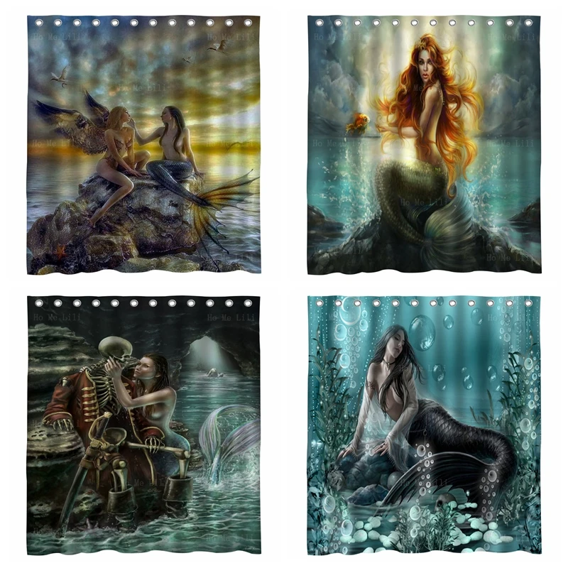 

Fairy Fantasy Dark Mermaid And Pirate Skull Sat On Rock Sea Siren Mythical Creatures Waterproof Shower Curtain By Ho Me Lili