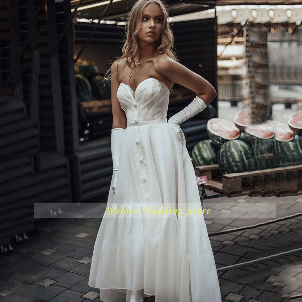 

Simple Vestido De Fiesta Boda Sweetheart A Line Wedding Dress Sleeveless Button Floor Length Bridla Gown Tulle Custom Made