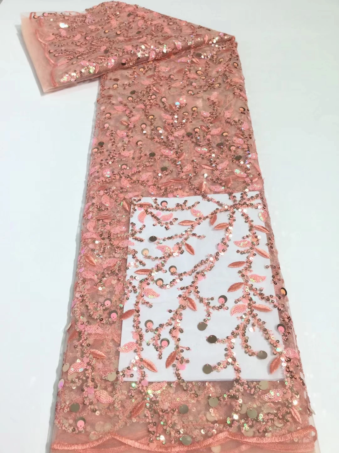 

French Nigerian Sequins Net Tulle Mesh Fabric High Quality Peach African sequins Lace Wedding Fabric