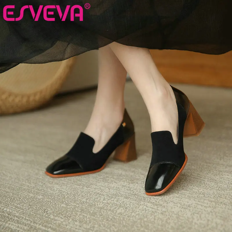 

ESVEVA 2021 Cow Leather Kid Suede Female Square High Heels New Spring Square Toe Fashion Women Shoes Size 34-39