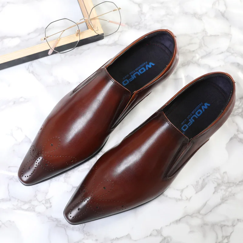 

Fashion Formal Genuine Leather Business Waxing Process Pointed Toe Men Dress Brogue Office Male Oxfords Wedding Shoe G222