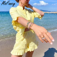 Msfancy Summer Shorts Sets Women Cotton 2 Piece Set 2021 Mujer Stand Collar Shirt Half Sleeve Vintage Pajamas Suit