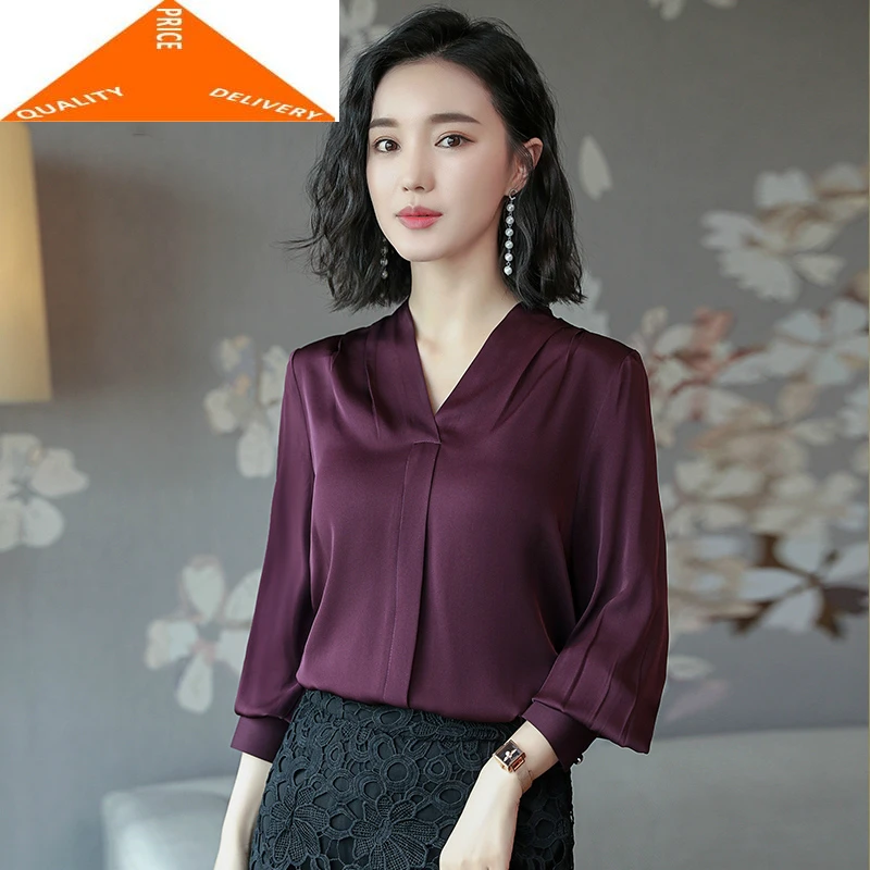 

Шелковая Весенняя настоящая блузка, Женские топы и блузки, элегантная женская офисная одежда, осенняя рубашка с v-образным вырезом, одежда, р...