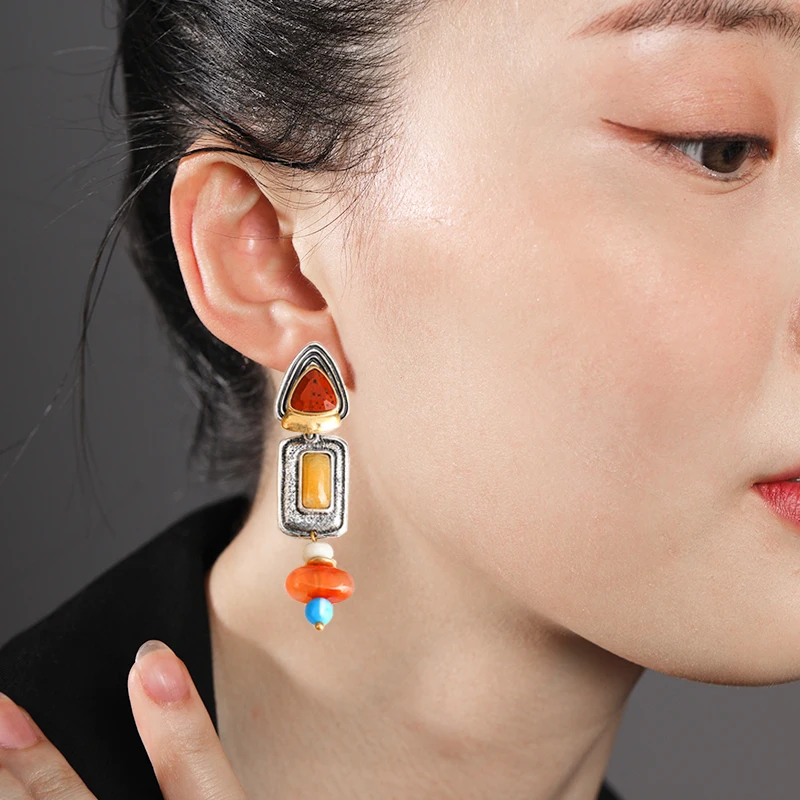 

Vintage Triangle Rectangle Geo Statment Stud Earrings Exquisite Women Insert Stone Pendant Post Earrings Brincos