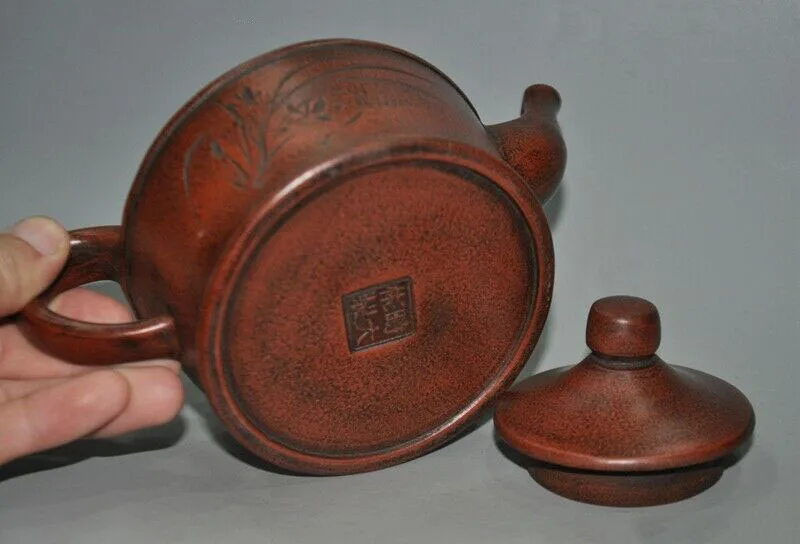 

wedding decoration 6" Marked Old Chinese Yixing Zisha pottery Carving orchid Teapot pot Tea Maker