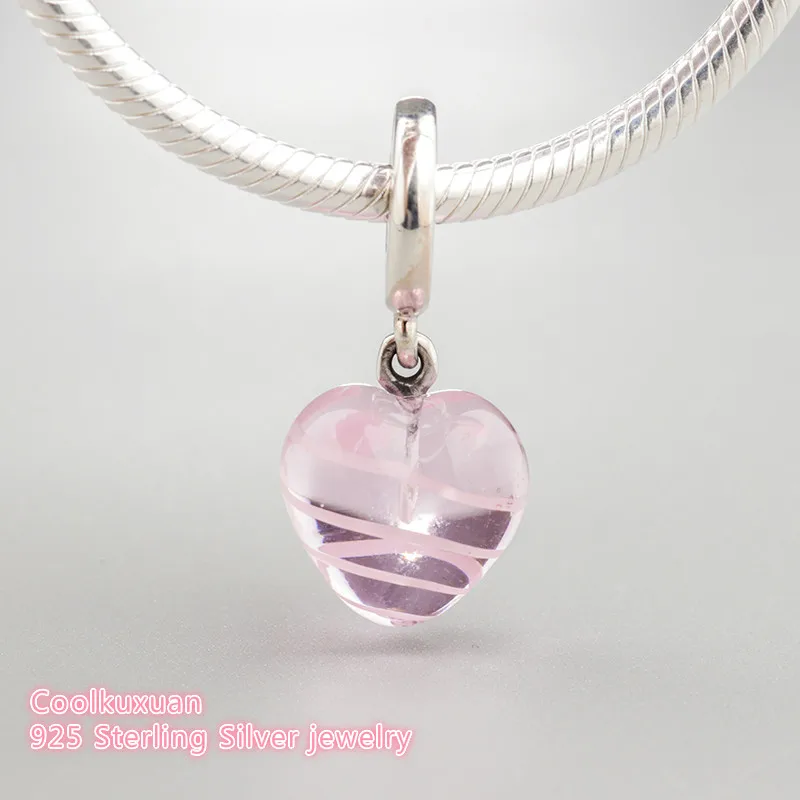 

Spring 925 Sterling Silver Pink Ribbon Heart Dangle Charm, Murano Glass Charm Beads Fit Original Pandora Charms Bracelet