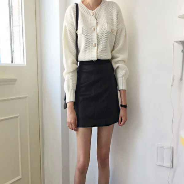 autumn spring women sweater and cardigans runway designer chic pearls basic jacket knitted coat jumper white AQ516 |