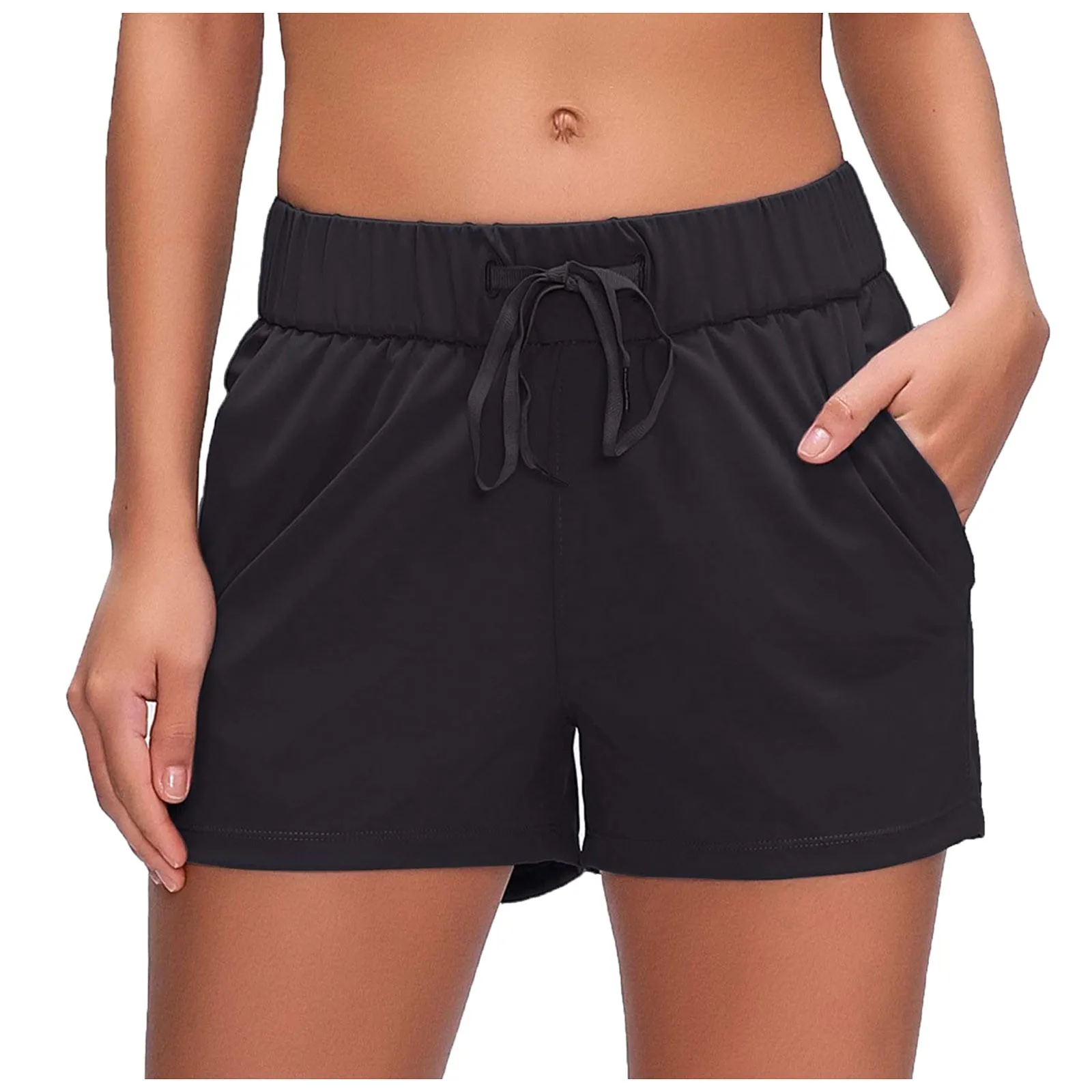 

Elastic Casual Beach Party Clothing Plus Size Mid waist Solid Color Movement Shorts Women Summer Workout Shorts With Pockets