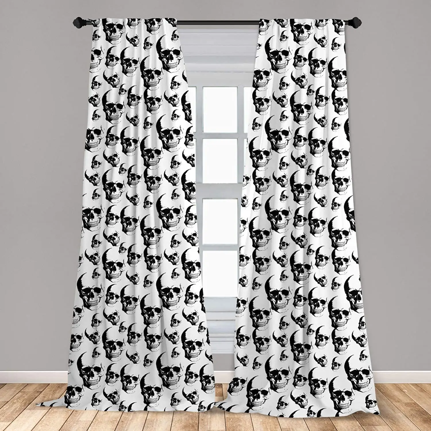 

Skull Curtains Skulls Monochrome Detailed Sketch Human Skeleton Head Fear Halloween Theme Window Curtains for Living Room