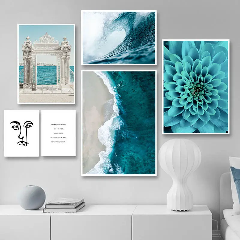 

Seascape Painting Nordic Modern Style Beautiful Blue Flowers Poster Seaside Door Sentence Canvag Green Ocean Wall Art Pictures