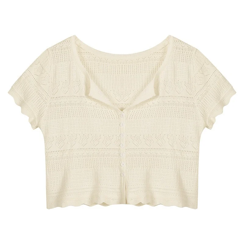 

Elegant Hollow Out Wave Short Sleeve T-Shirts Summer Thin Knit Clothes Single-Breasted Top Cardigan Solid Blouses for Women