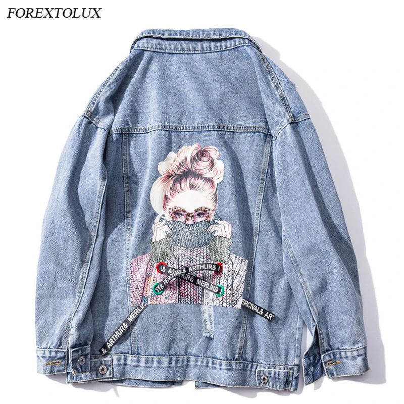 Женская джинсовая куртка Повседневная Свободная синяя на пуговицах с 3D принтом