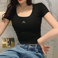 summer simple print tee embroider short sleeve t shirt for women slim round neck casual female tops en