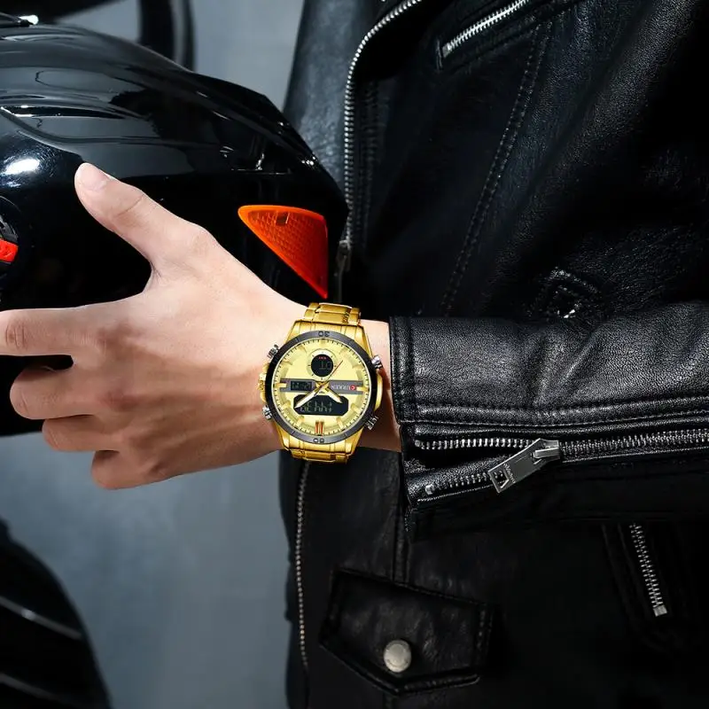 Curren Fashion Sport Gold Men's Digital Watches Stainless Steel Chronograph Luminou Wristwatch Led Male Wrist Watch for Men |