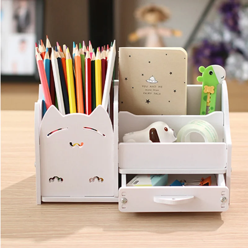 

4Grid Multi-function Desktop Pen Holder Office School Stationery Storage Case Wood Box Desk Pen Pencil Creativity Organizer