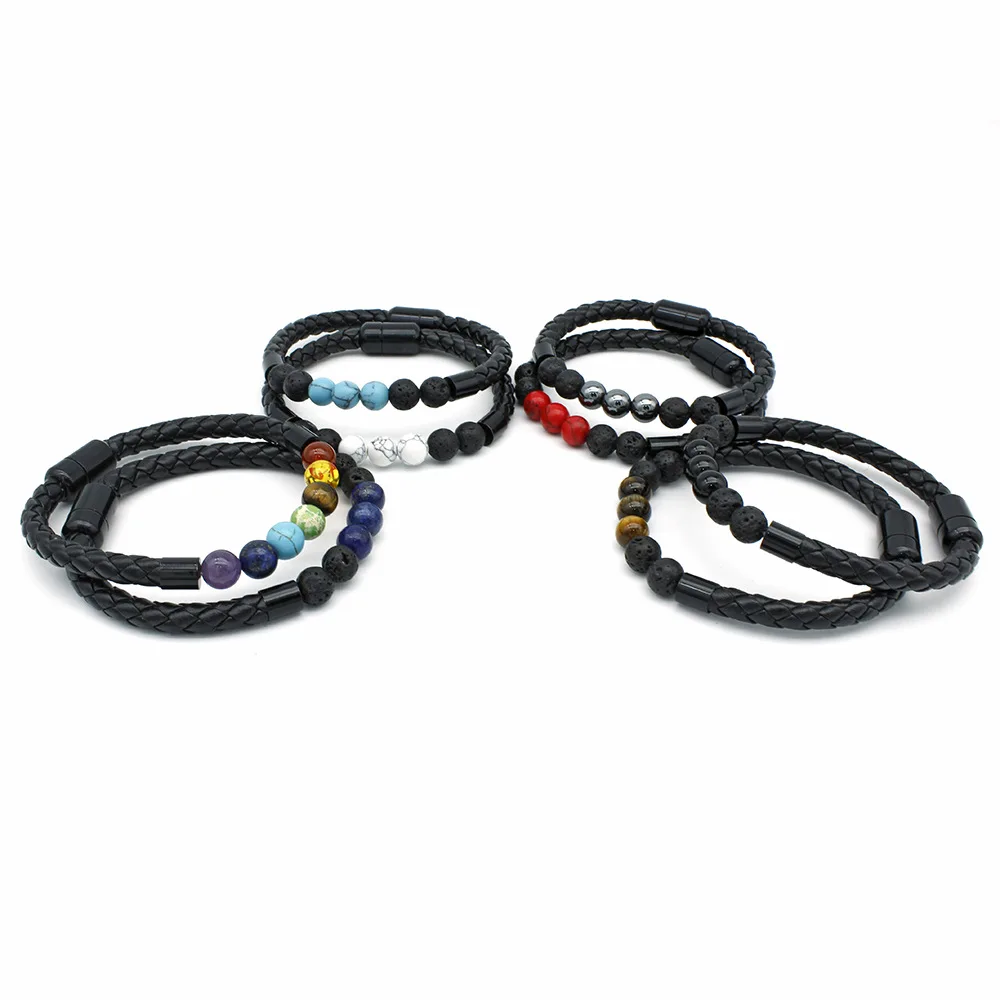

AJC Natural stone bracelet new fashion men's stone beaded bracelet leather rope magnetic buckle bracelet