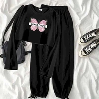 womens suit new loose and thin long sleeved t shirt student casual tying rope trousers two piece female 2021 korean spring and