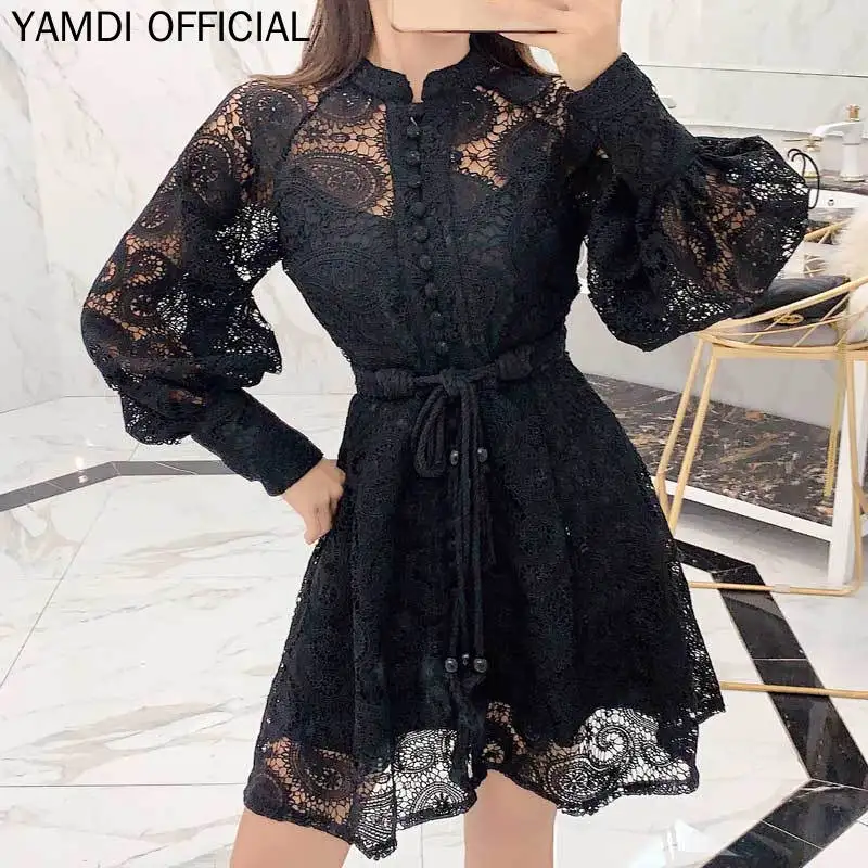 Женское вечернее платье YAMDI черное кружевное с длинным рукавом плиссированное