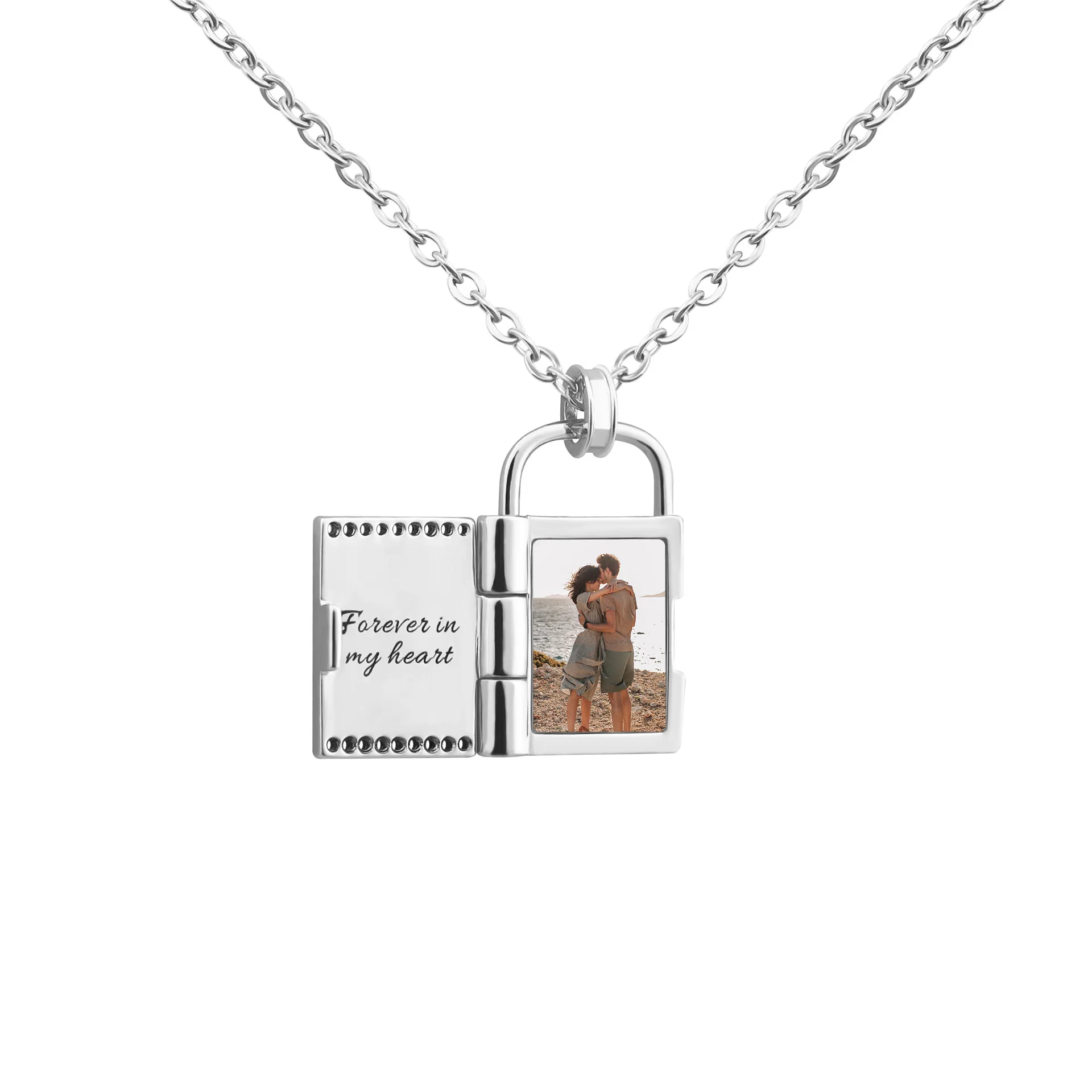 

Custom Photo Name Necklace Personalized 3 Colors Free Engrave Lock Pendant Necklaces for Women Men Valentines Gift