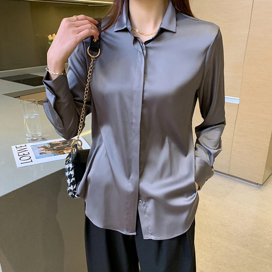 

Elegant Satin Blouse Autumn Spring Turn-Down Collar Single-Breasted Long Sleeve Female Chiffon Shirt Ladies Blouse Plus