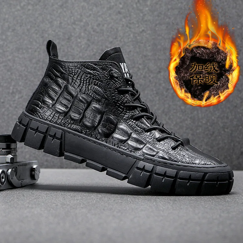 Новые мужские кожаные повседневные туфли с крокодиловым принтом высокие берцы
