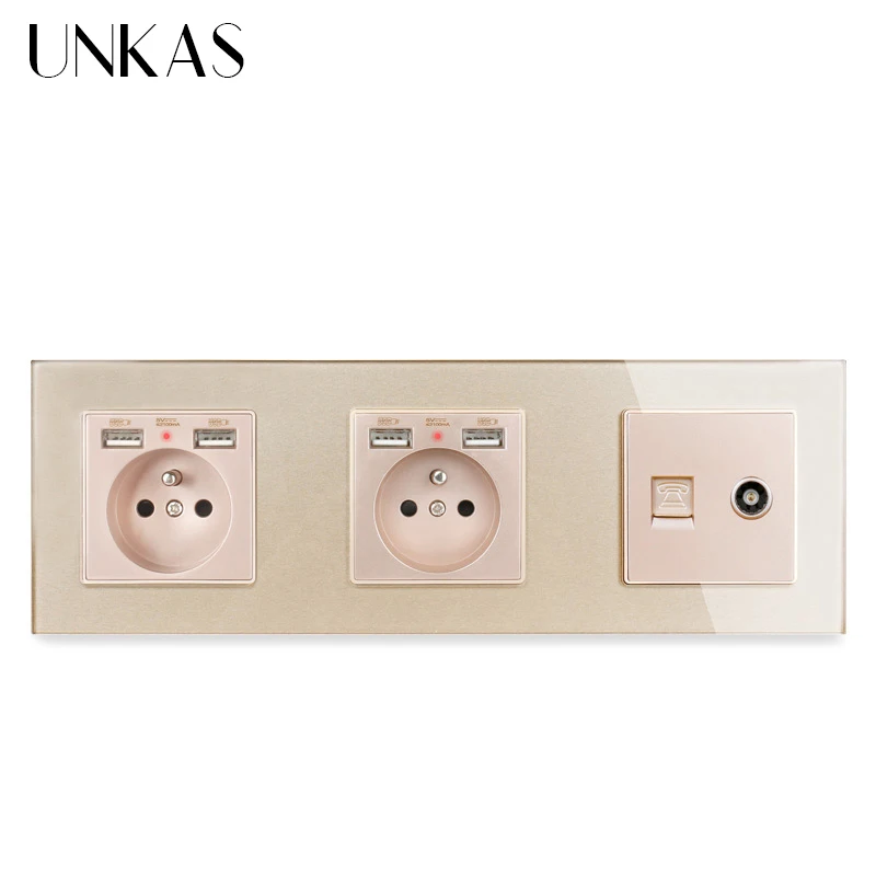 Двойная французская стандартная розетка со стеклянной панелью UNKAS с 4 USB портами