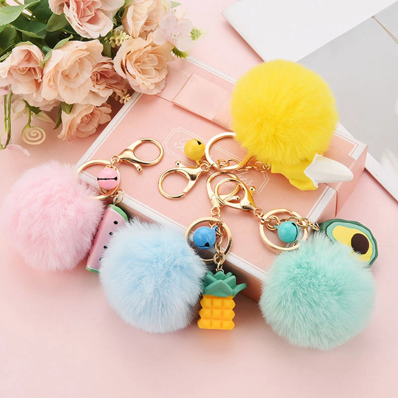 

Keychain Pompom Keyring Resin Fruit Hanging Faux Fur Creative Bag Pendant Key Chain Bag Charms Pendant Key Ring Accessories