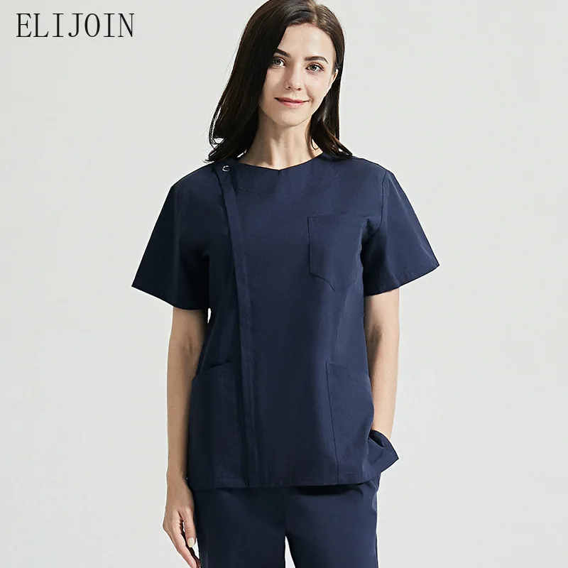 

Медицинская Униформа ELIJOIN из полиэстера и хлопка, с коротким рукавом и разрезом, униформа для врачей, медицинский костюм для женской лаборат...